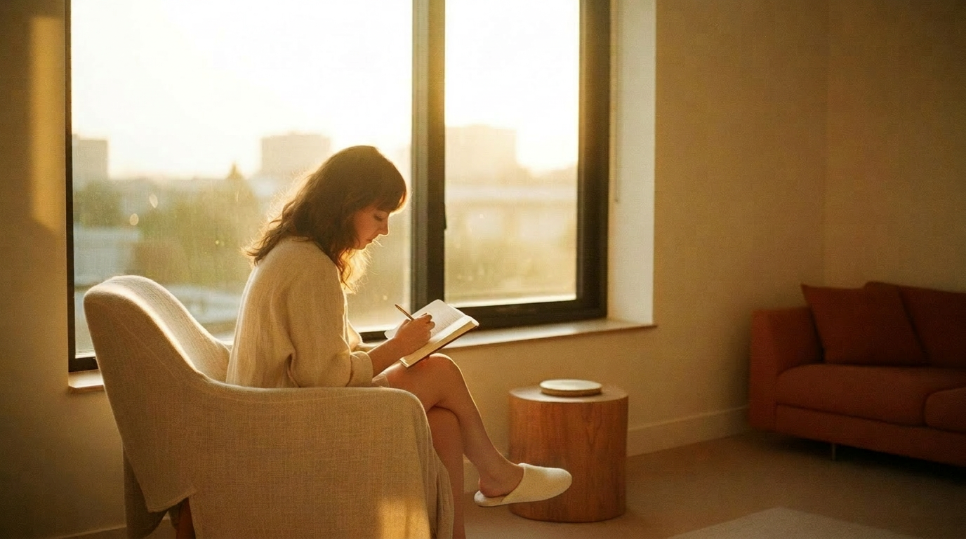A woman writing in a journal in a sunlit room at golden hour